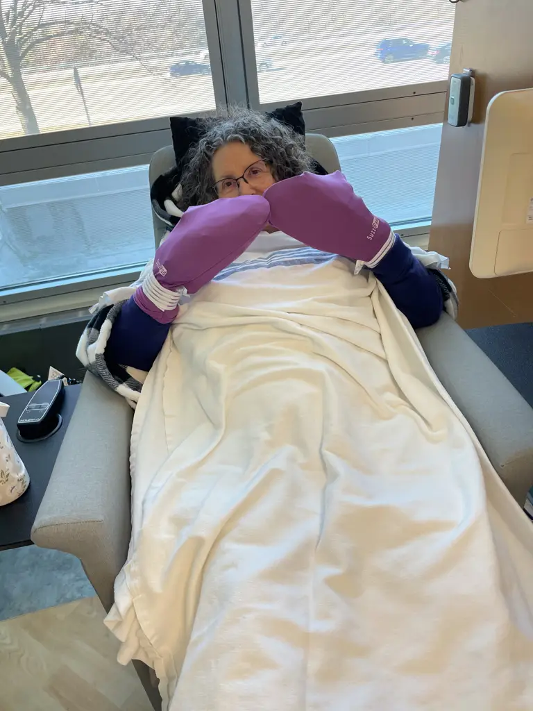 My first chemotherapy - wearing my ice mittens